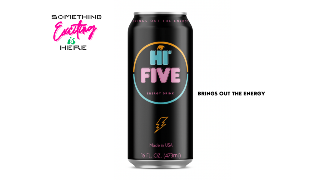 A can of energy drink with the words " hi five " written on it.